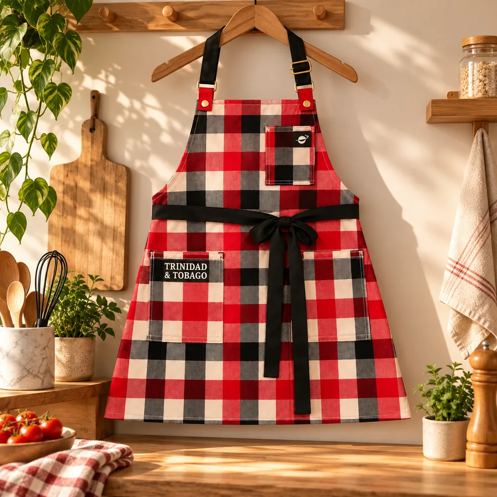 Red, black and cream plaid Trinidad and Tobago apron hanging in a sunny kitchen