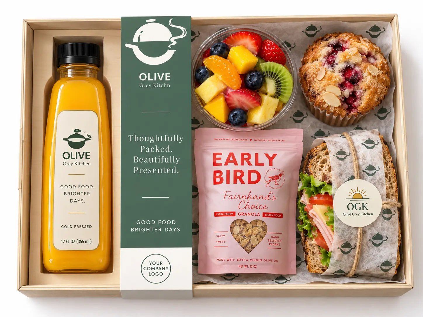 Morning Market Box with juice, fruit, granola and a breakfast sandwich