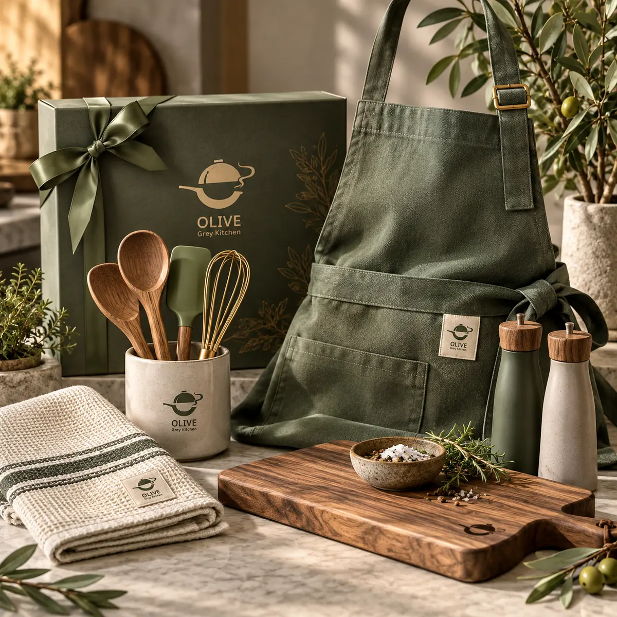 OGK kitchen gift set with green apron, cutting board, utensils and tea towel