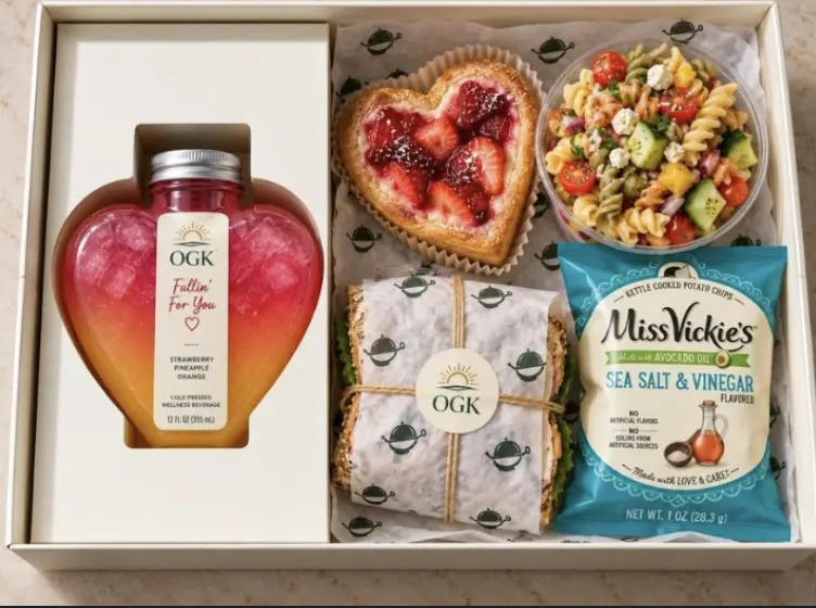 The Executive Lunch with a heart bottle, strawberry tart and premium sandwich