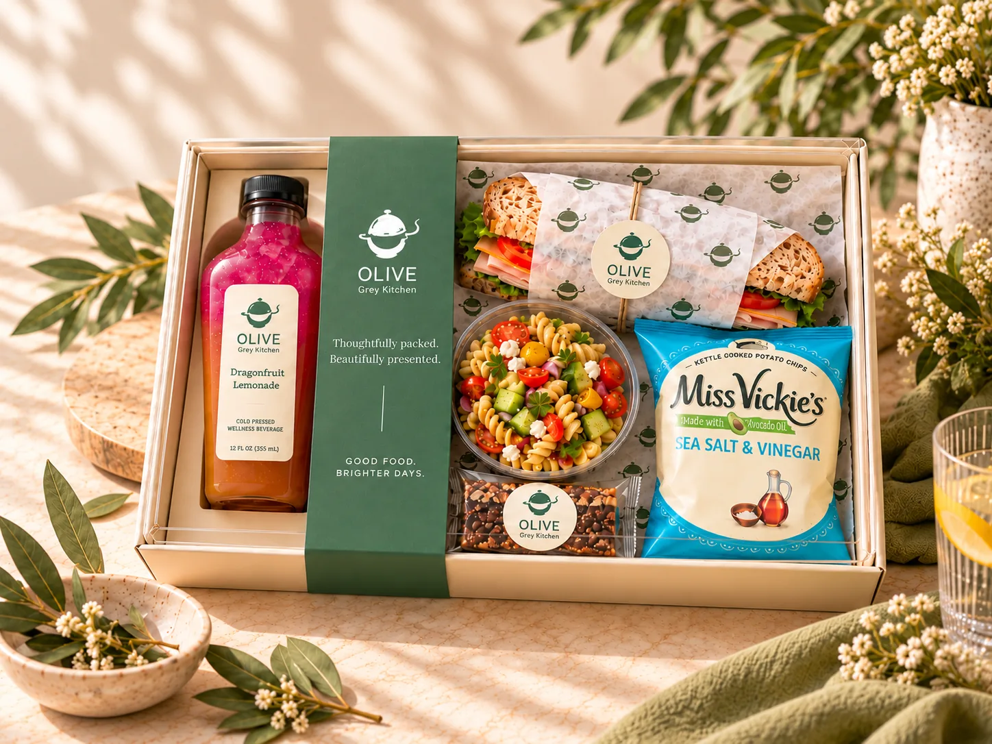 The Midday Box: a sandwich in Olive Grey Kitchen wrap, pasta salad, chips, a granola bar and Dragonfruit Lemonade, with a green Olive Grey Kitchen sleeve