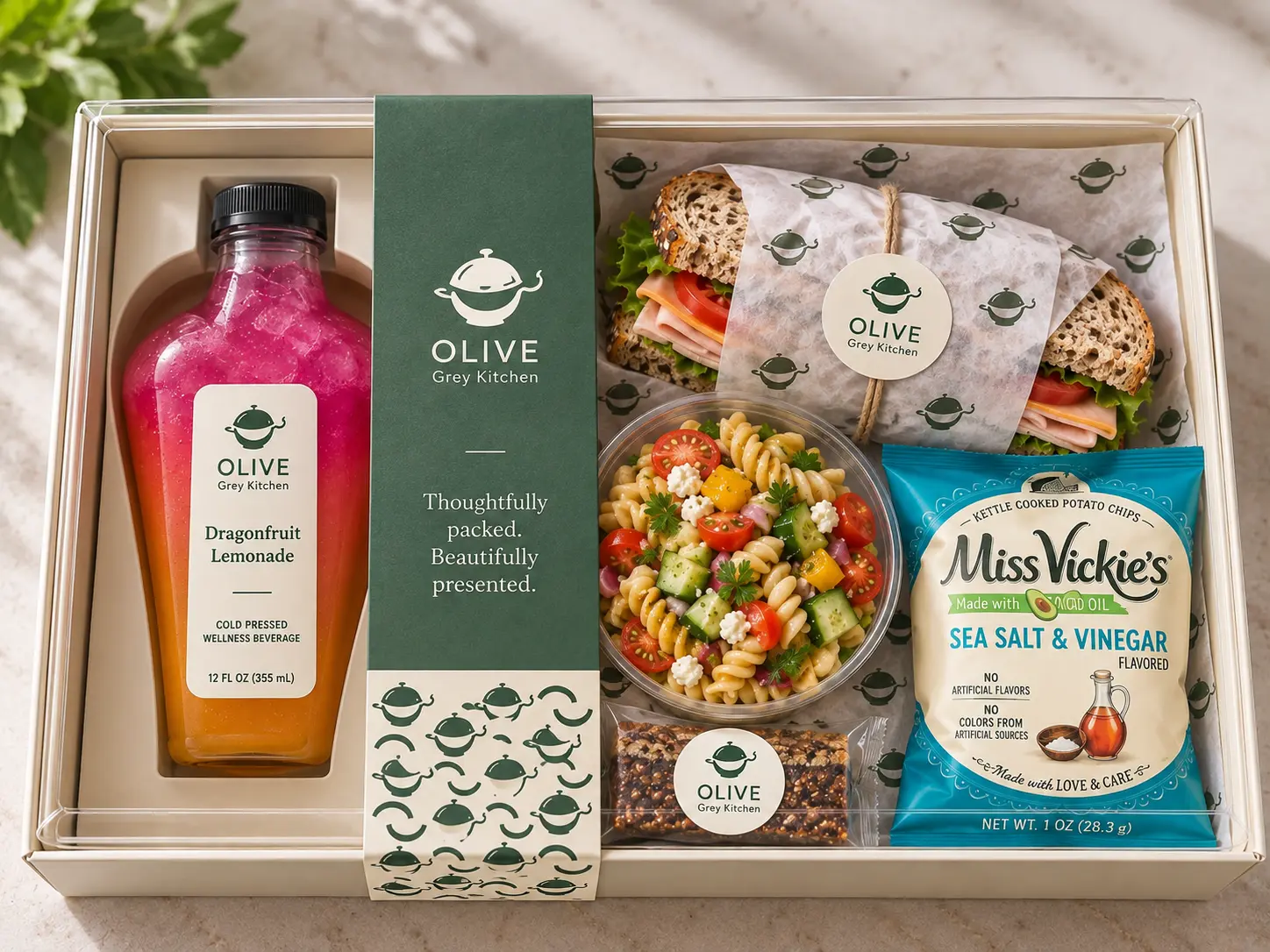 The Midday Box with lemonade, sandwich, pasta salad and chips