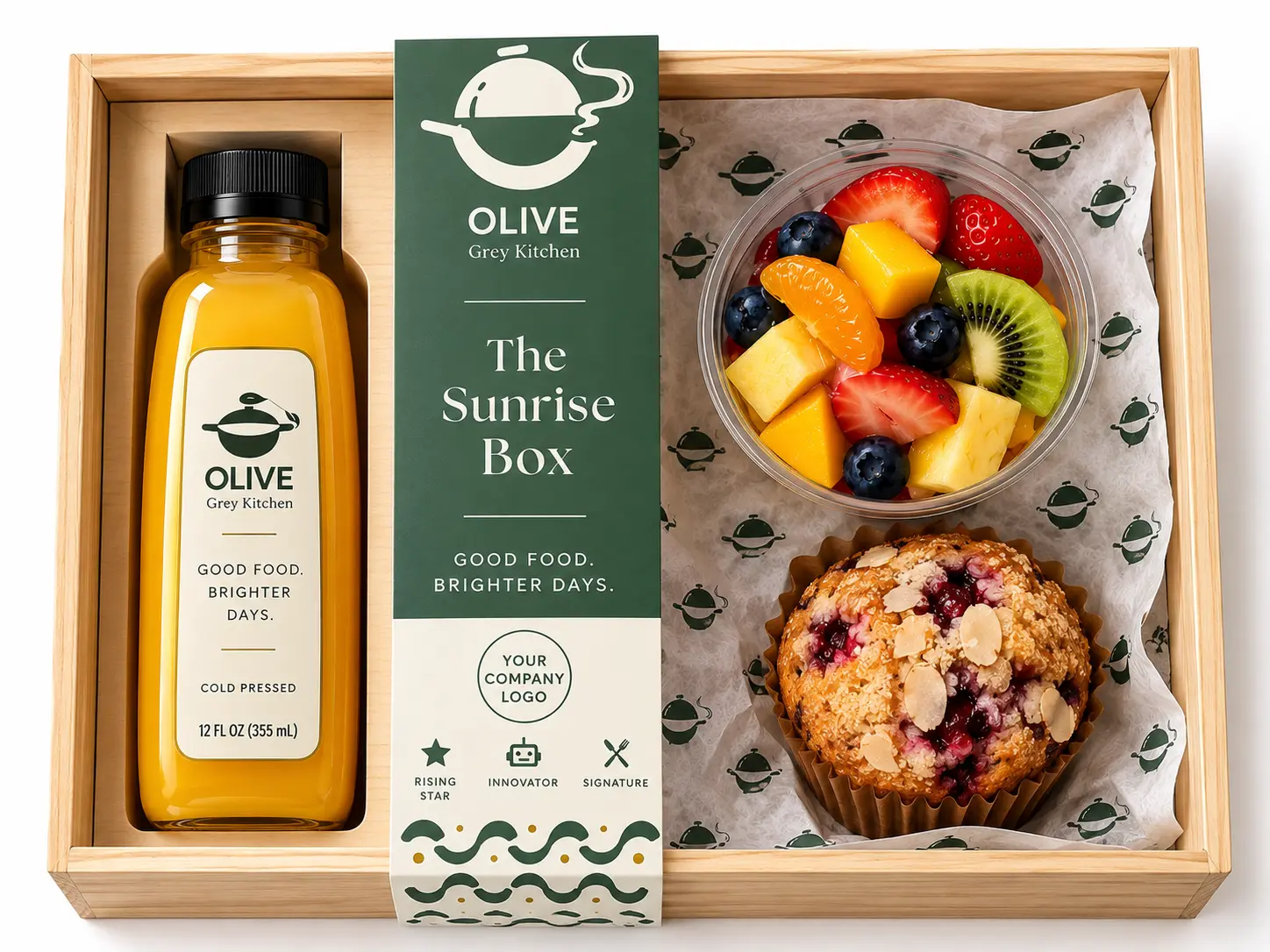 The Sunrise Box with orange juice, fruit and a muffin